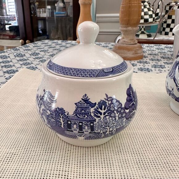 Royal Cuthbertson Blue Willow Creamer Sugar Bowl& Lid Set Blue White‎ Porcelain - Picture 4 of 8